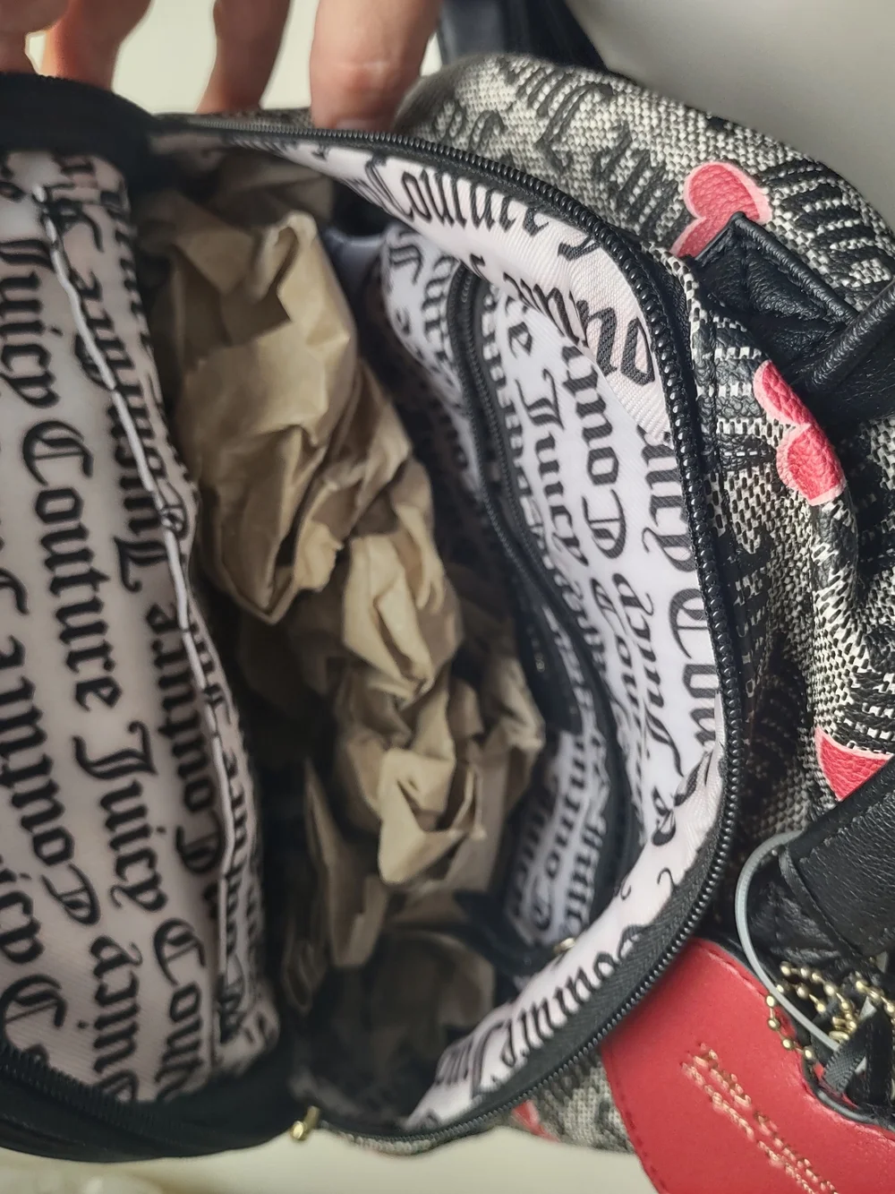 Juicy Couture Black Logo Valentine Hearts Canvas Mini Backpack Red Heart Charm